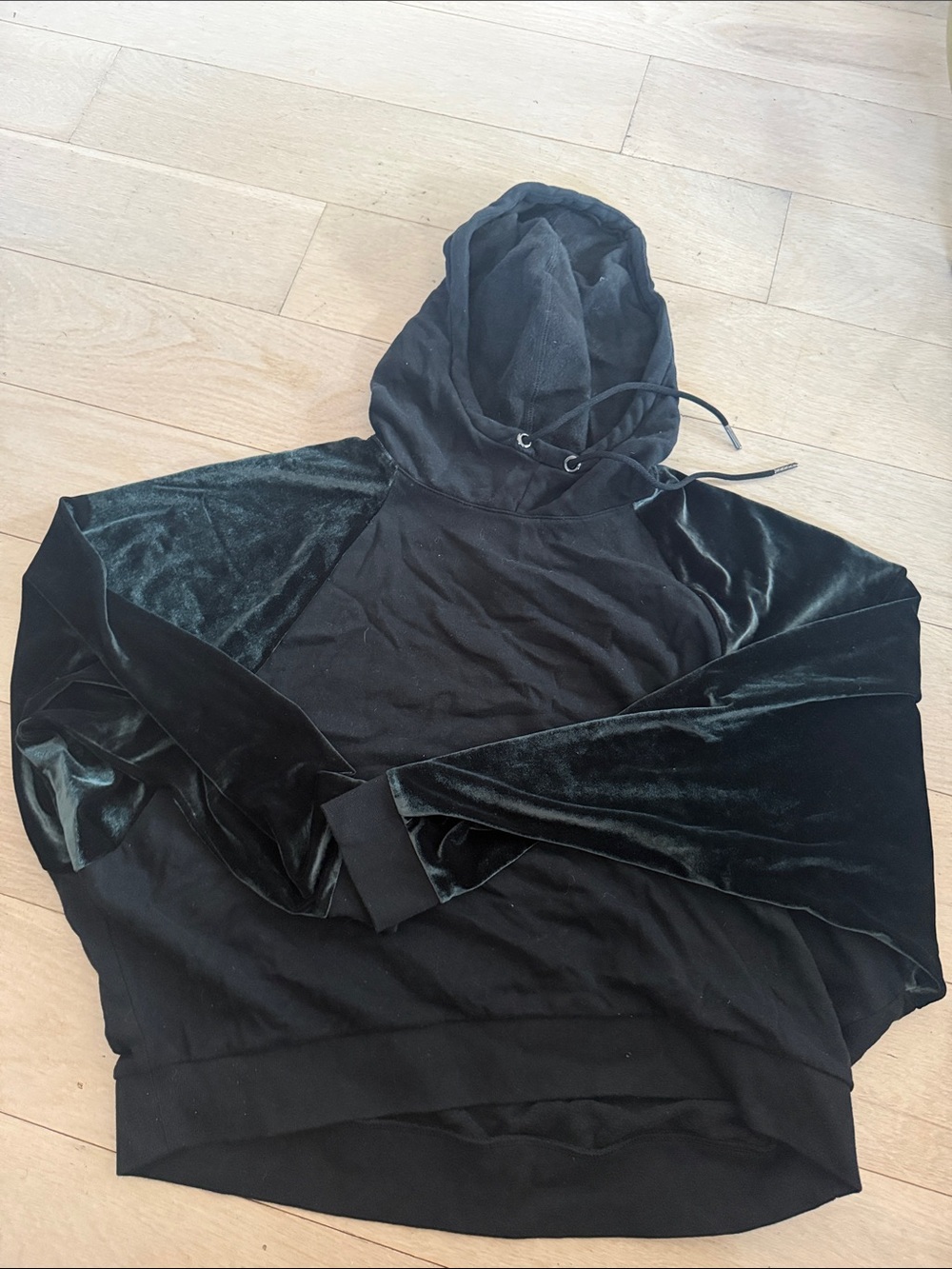 Victoria Secret Black/Green Velvet-Accent Hooded Pullover
